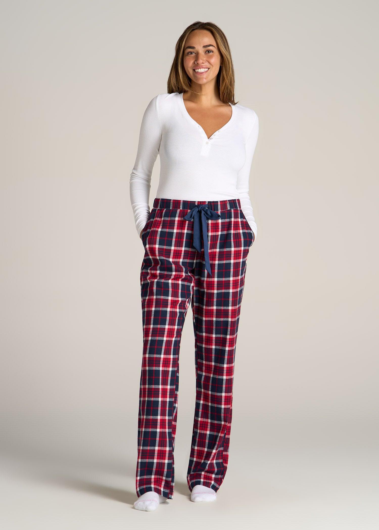 Open-Bottom Flannel Women's Tall Pajama Pants in Apple Red and Navy Plaid Female Product Image