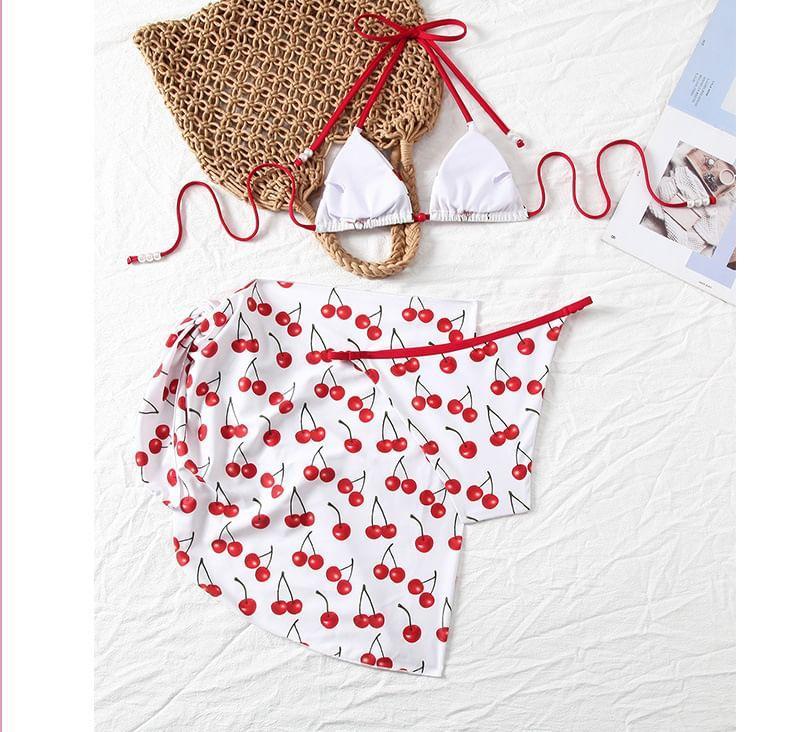 Halter Cherry Print Bikini Top / Bottom / Cover Up Skirt / Set Product Image