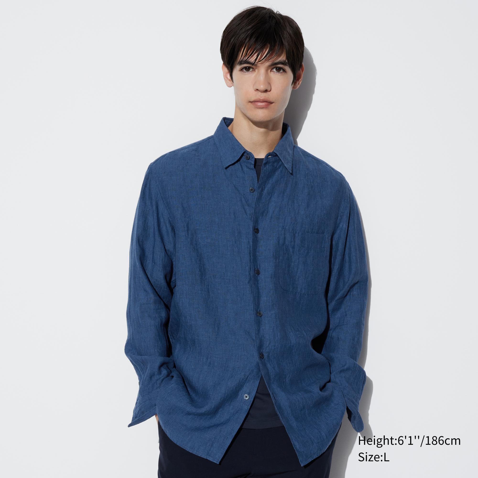 Mens Premium Linen Long-Sleeve Shirt Blue XL UNIQLO US Product Image