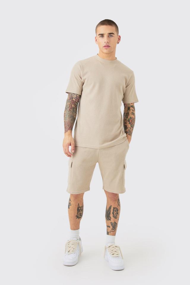 Mens Beige Slim Waffle T-shirt & Cargo Short Set, Beige Product Image