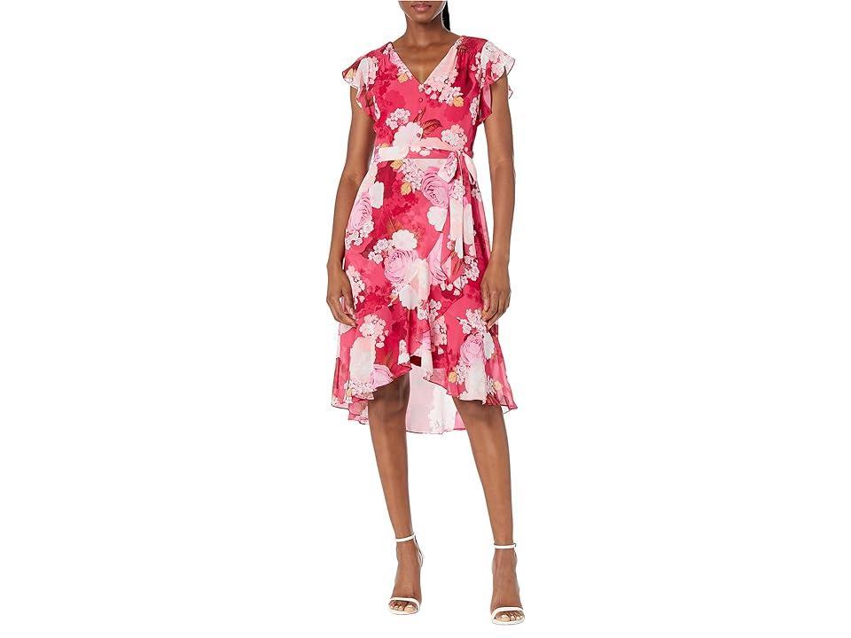 Adrianna Papell Printed Floral Chiffon Side Wrap Dress with Cascade Ruffle Multi) Women's Dress Product Image