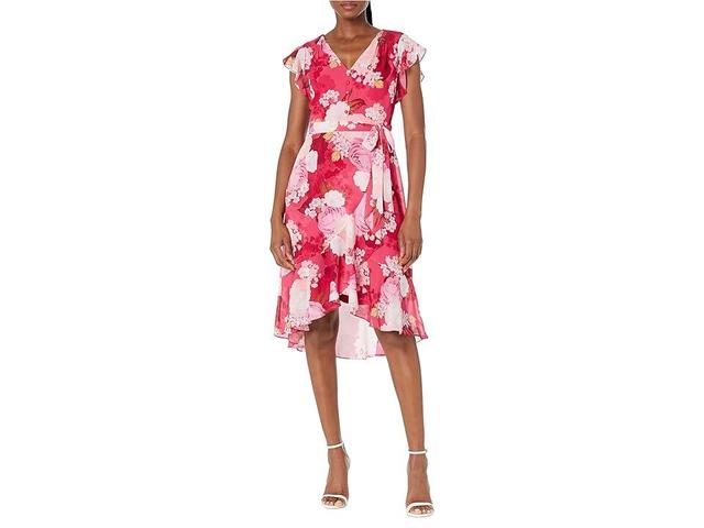 Adrianna Papell Printed Floral Chiffon Side Wrap Dress with Cascade Ruffle (Pink Multi) Women's Dress Product Image