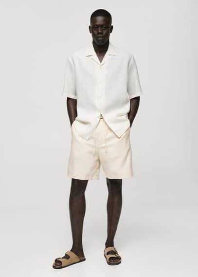 MANGO MAN - Cotton linen drawstring Bermuda shorts ecruMen Product Image