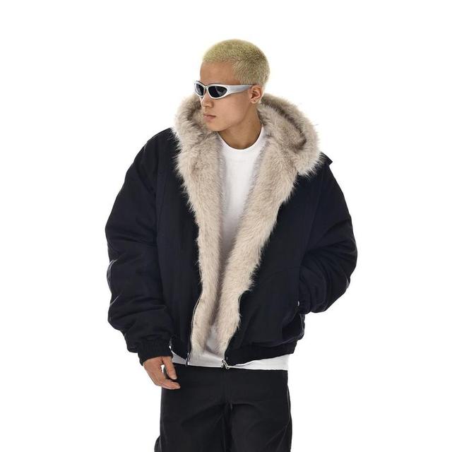 Fluffy Hooded Plain Oversized Bomber Jacket Product Image