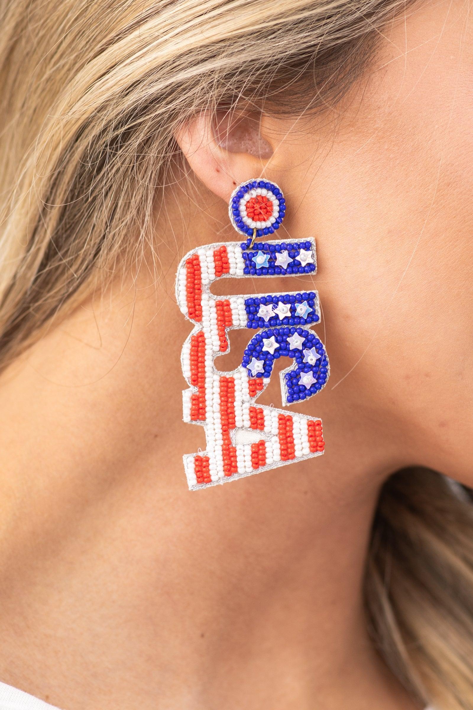 Blue and Red Seed Bead USA Earrings Product Image