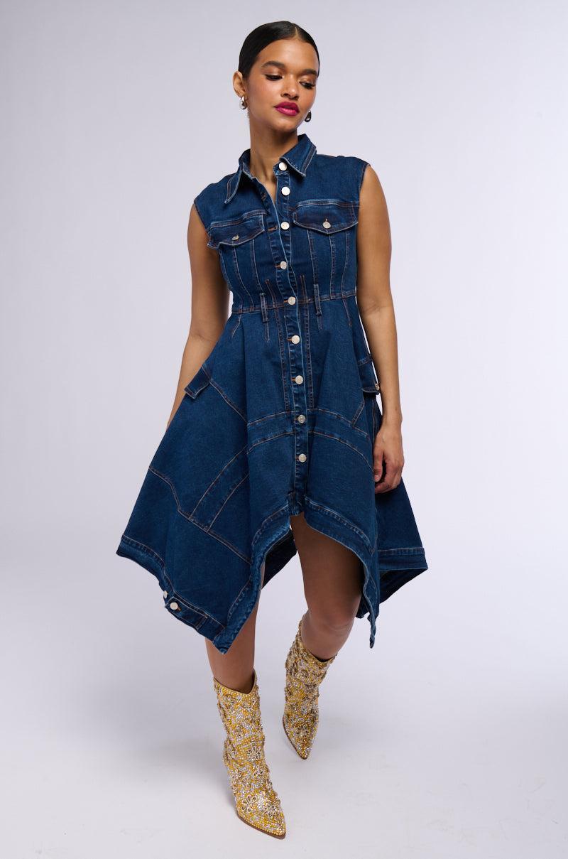 WINONA CAP SLEEVE BUTTON DOWN DENIM MIDI DRESS IN DARK BLUE Product Image