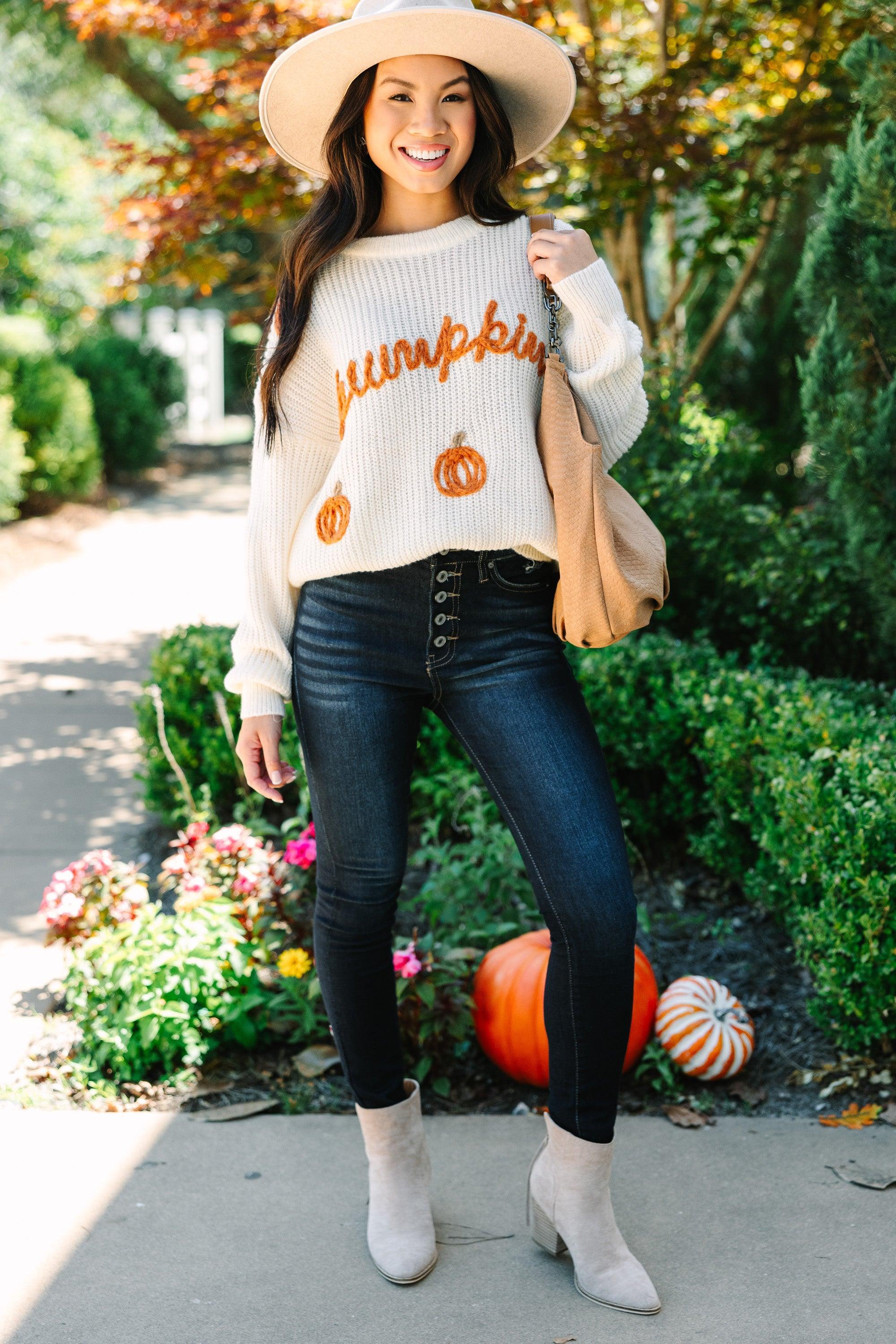 Hey Pumpkin Oatmeal White Stitched Sweater Female Product Image