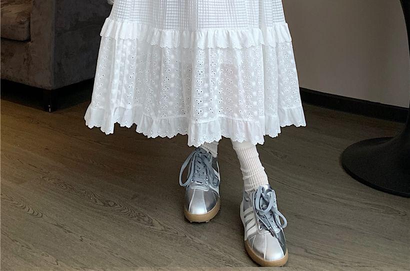 Elastic Waist Plain Embroidered Eyelet Tiered Panel Maxi A-Line Skirt Product Image