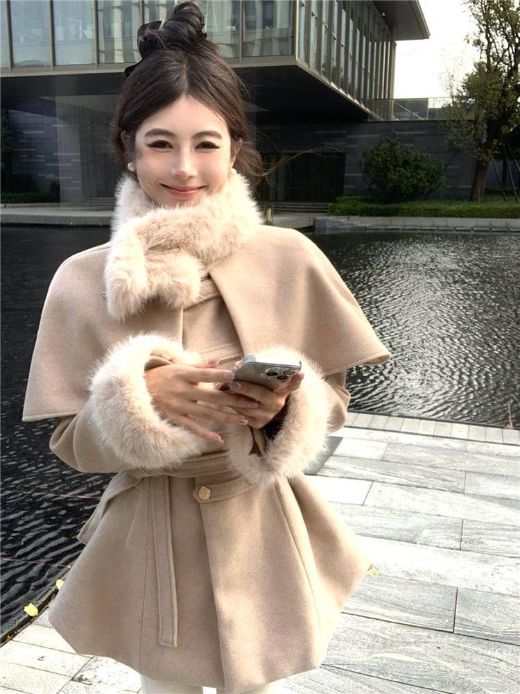 Detachable Cape-Sleeve Furry-Trim Wool Coat with Sash Product Image