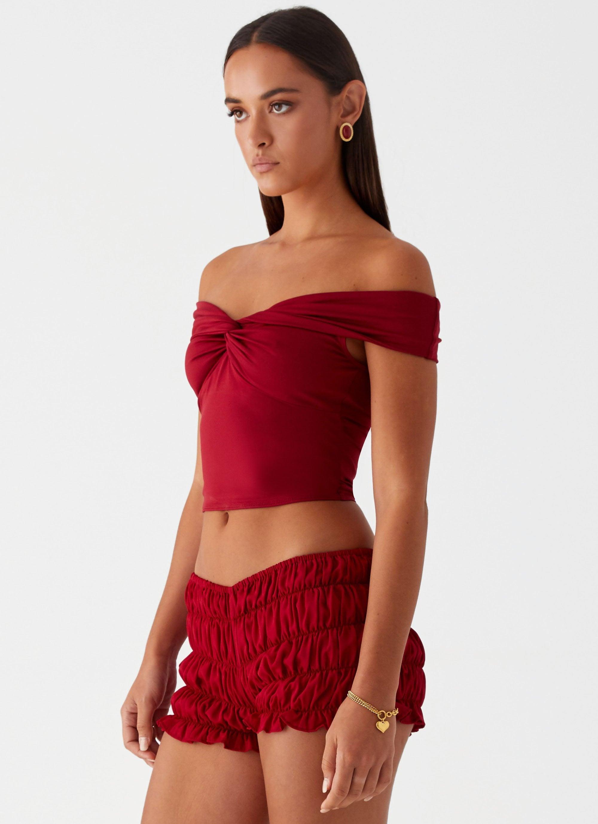 Trixie Twist Off Shoulder Top - Maroon Product Image