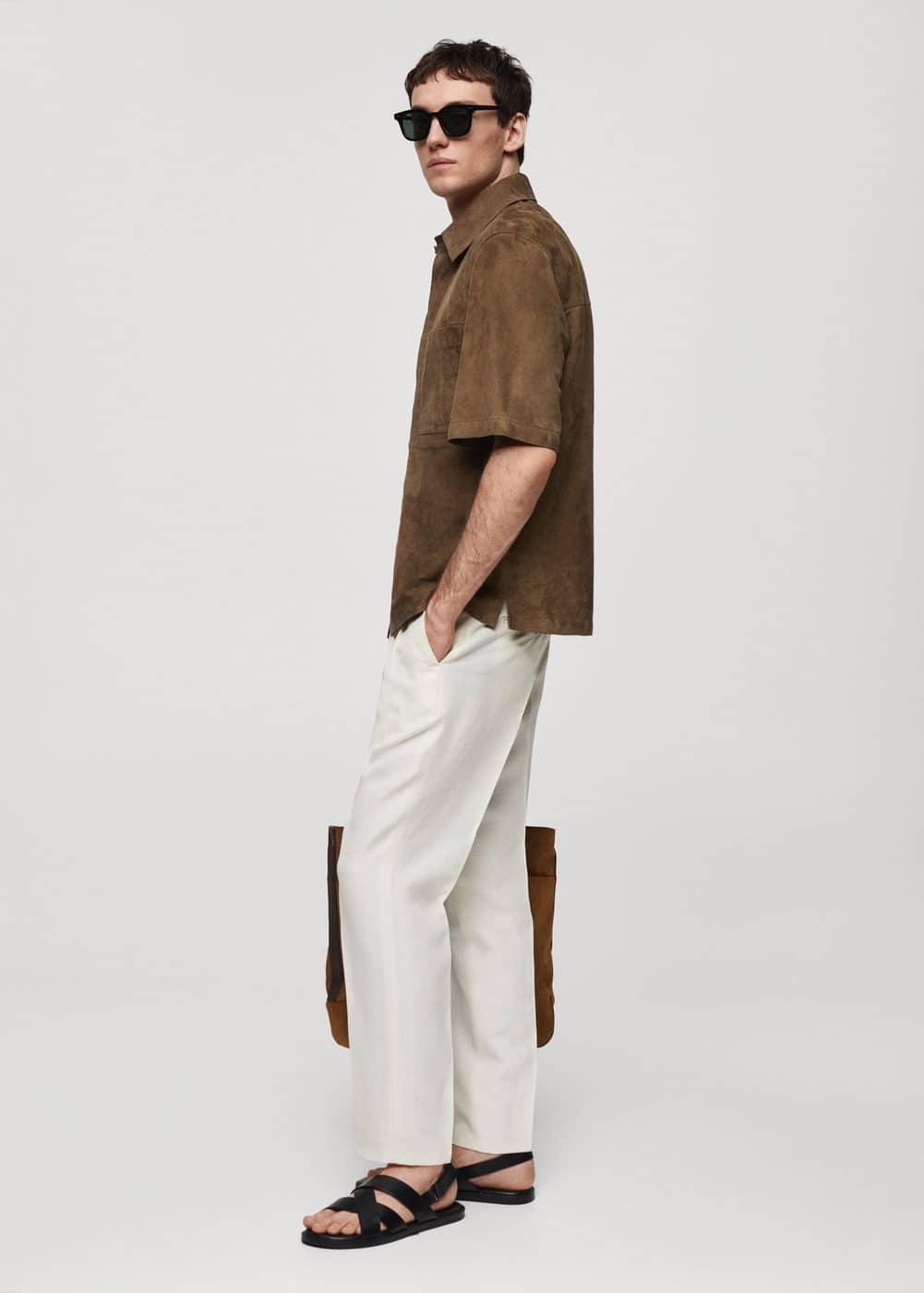 MANGO MAN - Overshirt with 100% suede leather pocket brownMen Product Image