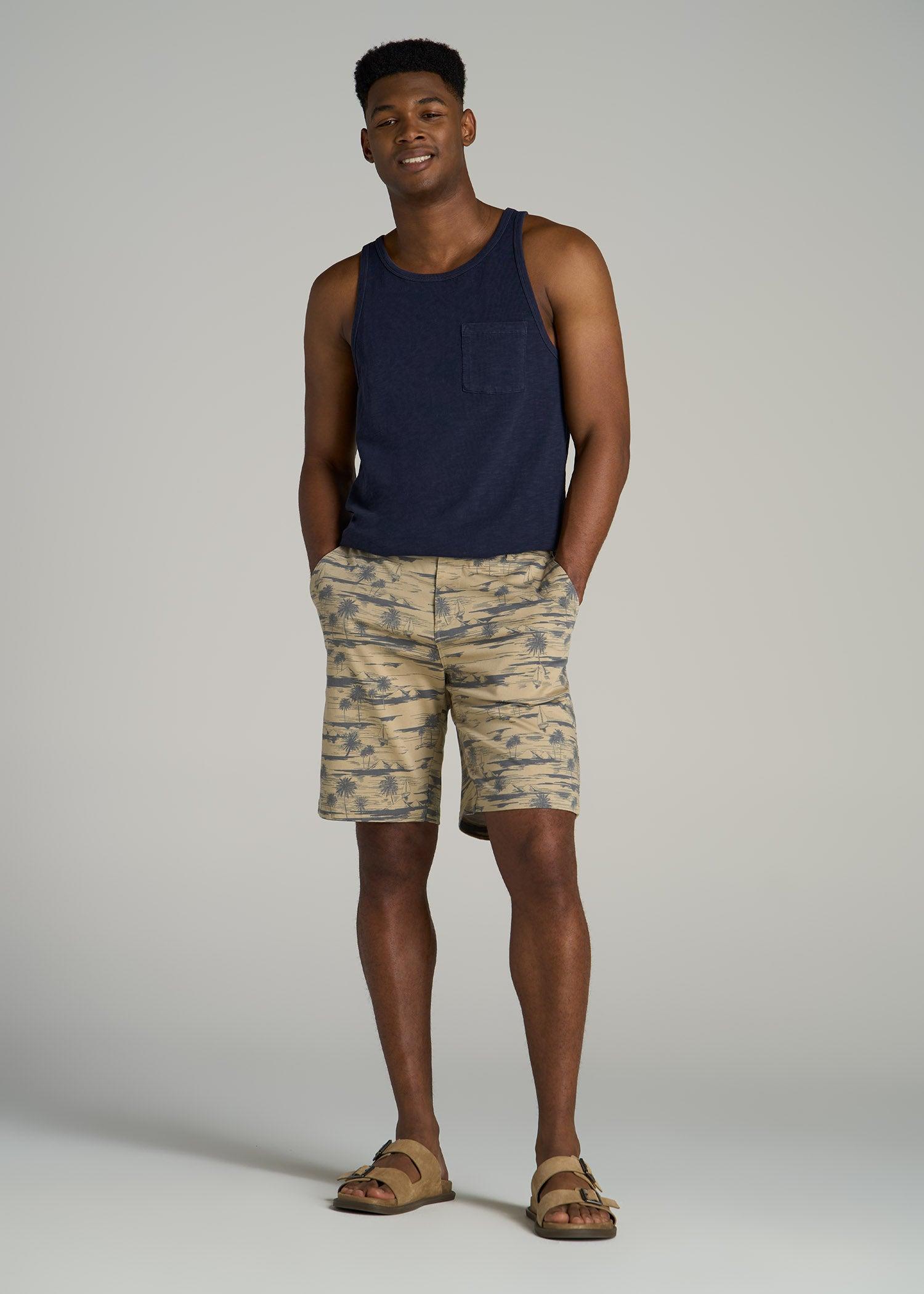 Printed Stretch Cotton Shorts for Tall Men in Grey Oceanic Print Product Image