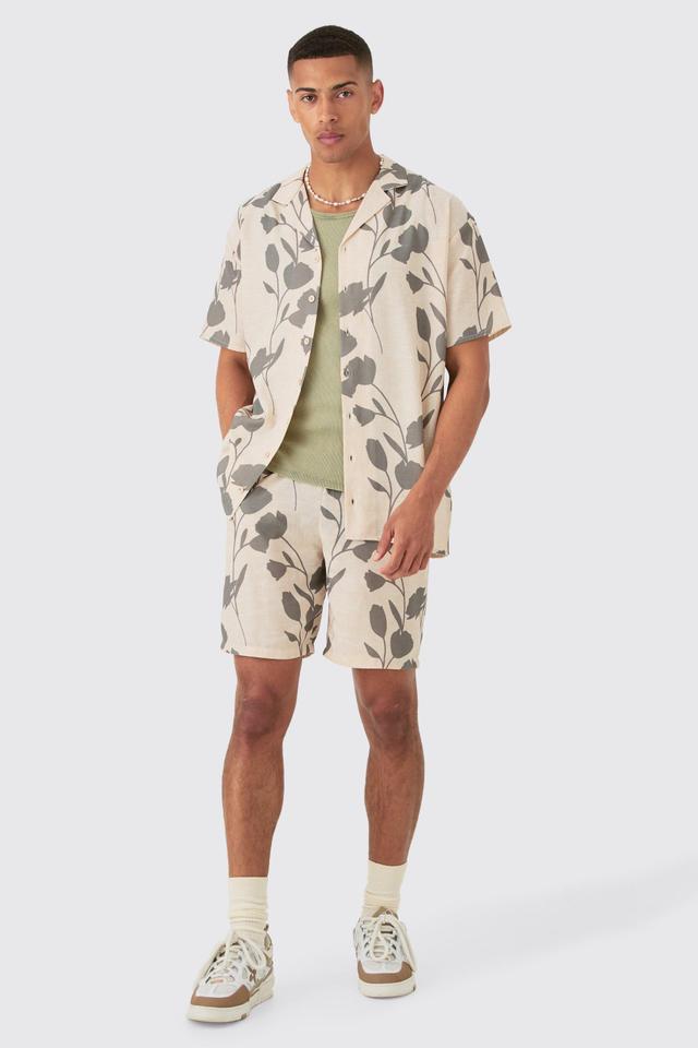 Mens Beige Oversized Linen Look Vine Shirt & Short Set, Beige Product Image