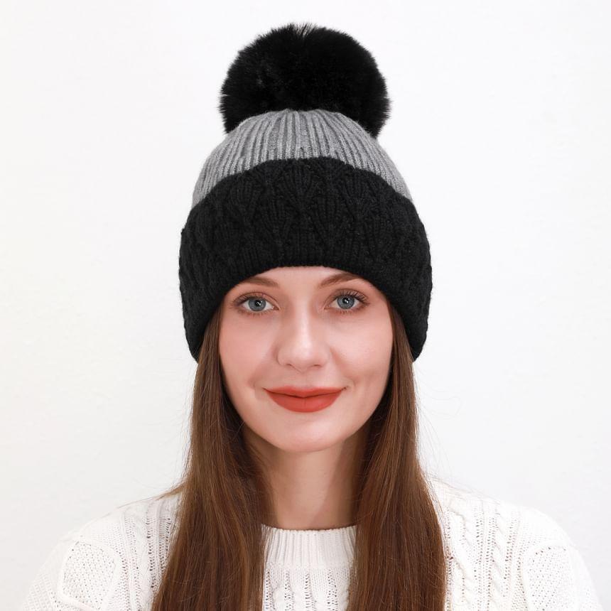 Two Tone Pom Pom Knit Beanie Product Image