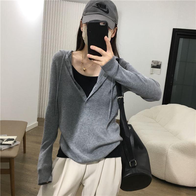 Long-Sleeve Henley Drawstring Hooded Knit Top Product Image