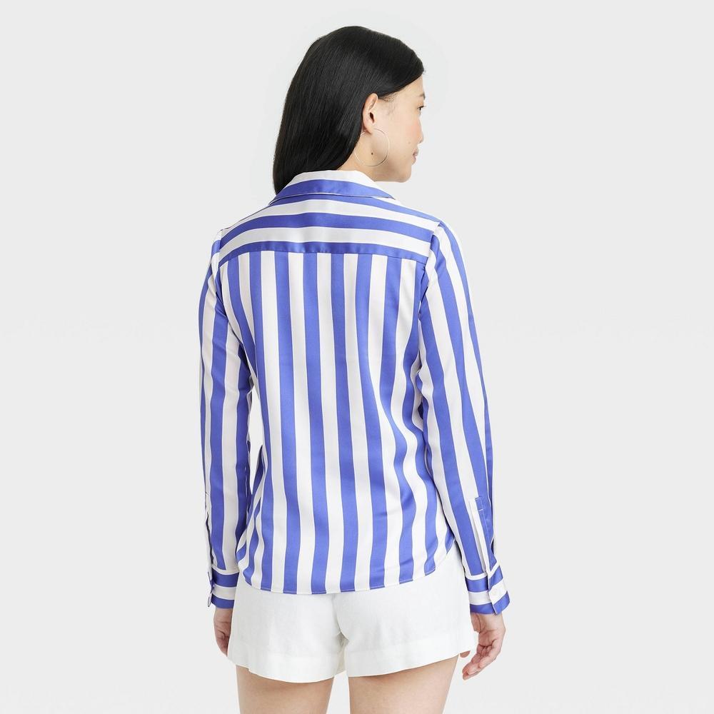 Womens Slim Fit Long Sleeve Satin Button-Down Shirt - A New Day Blue/White Striped XL Product Image