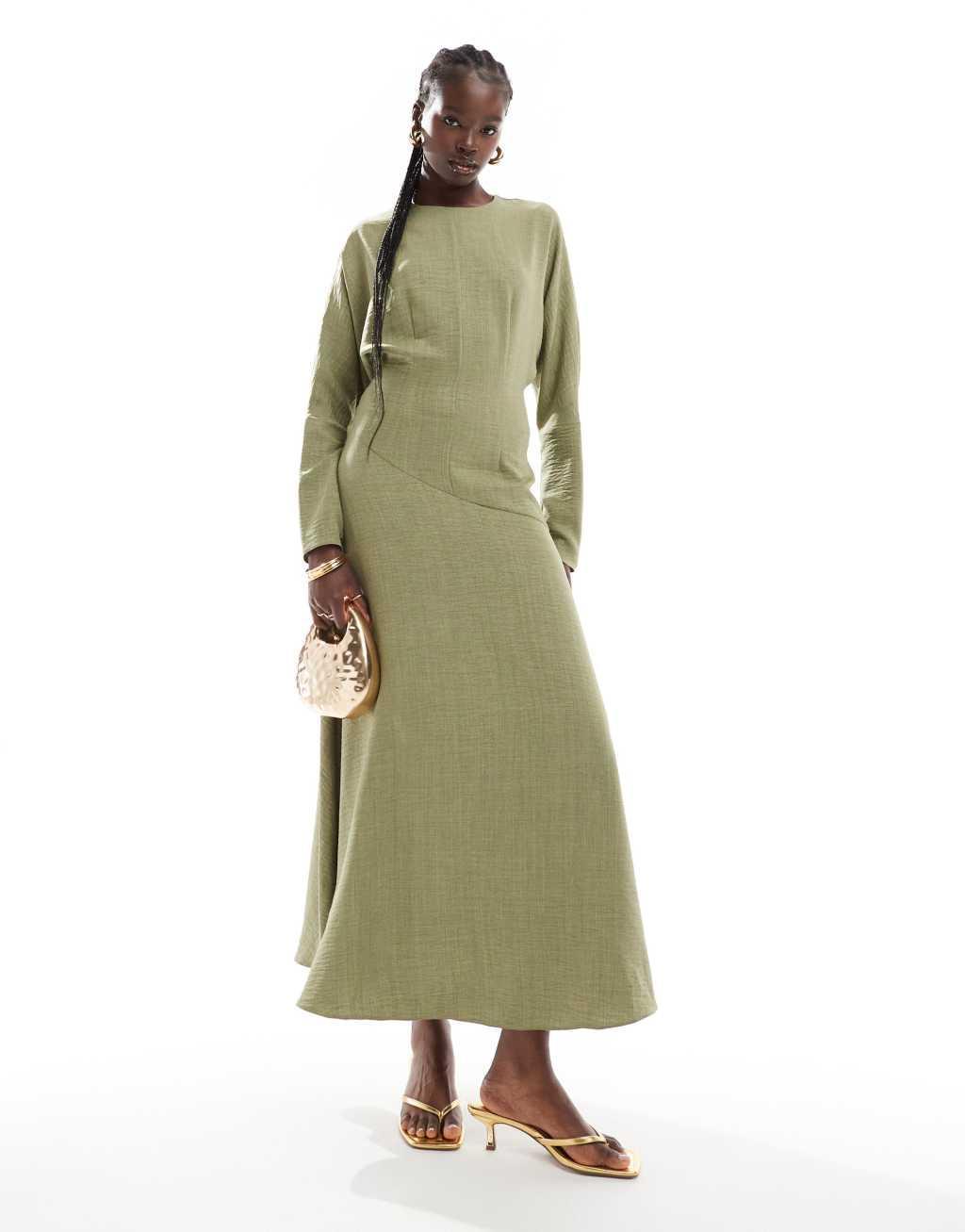 ASOS DESIGN high neck asym seam maxi dress in khaki Product Image