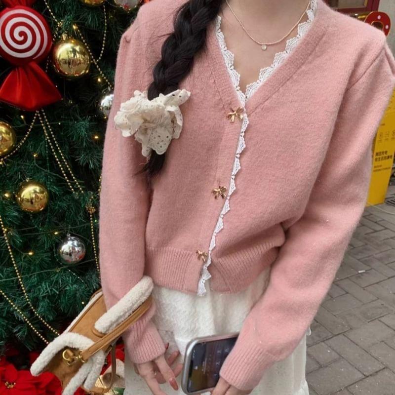 Long Sleeve V-Neck Lace-Trim Bow Button Loose-Fit Cardigan Product Image