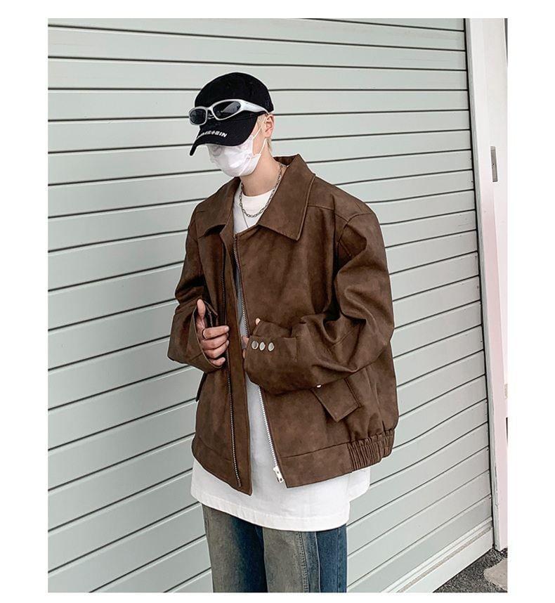 Lapel Collar Plain Zip Up Faux Leather Jacket Product Image