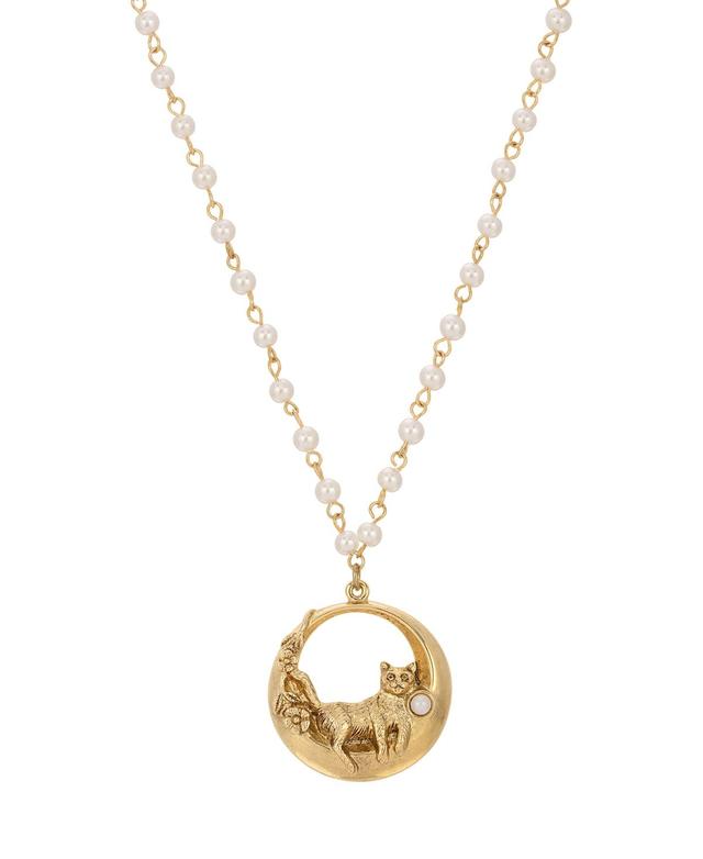 1928 Gold Tone Simulated Pearl Cat Pendant Necklace, Womens, White Product Image