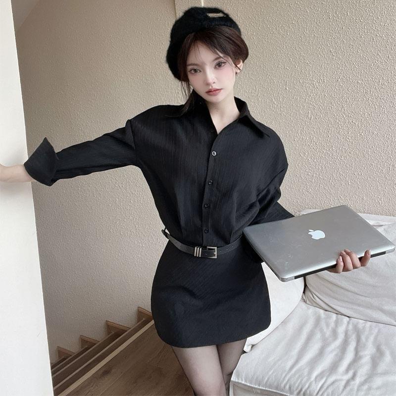 Long Sleeve Collared Plain Belted Mini Shirt Dress Product Image