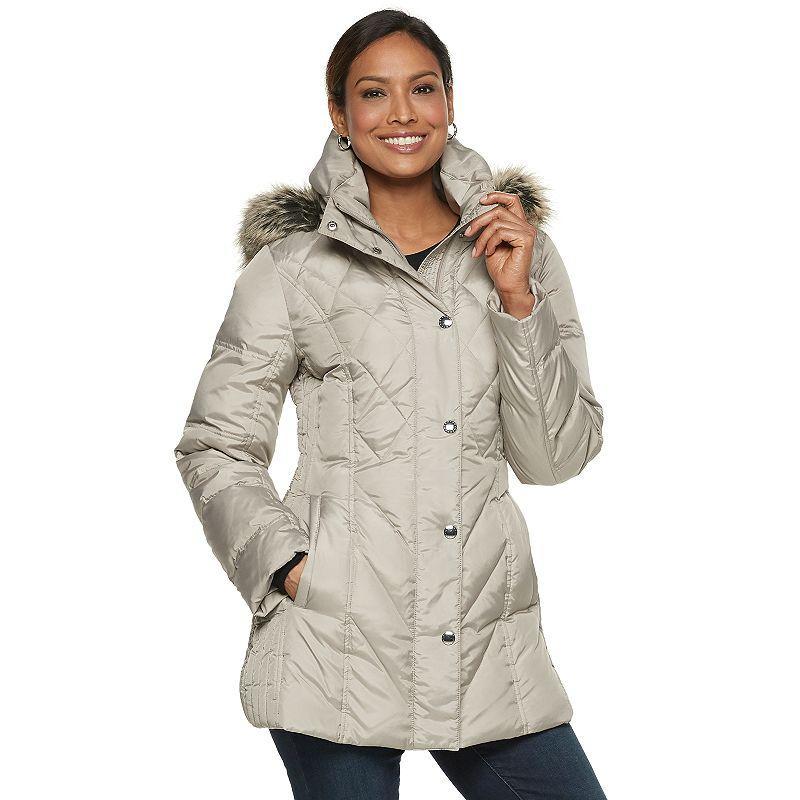 Womens TOWER by London Fog Hooded Faux-Fur Down Puffer Coat Light Grey Product Image