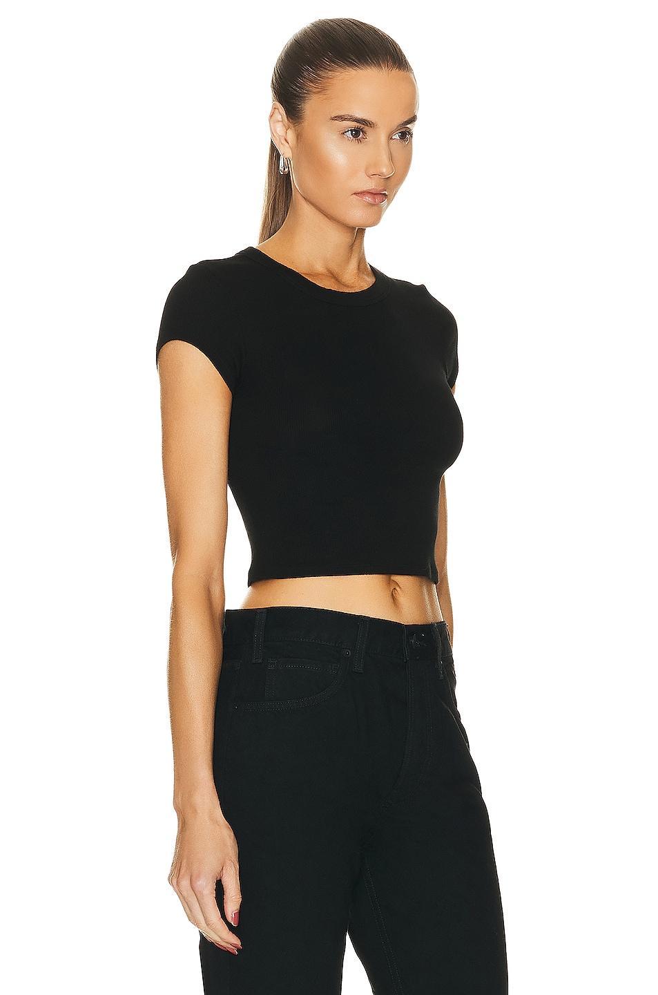 Enza Costa Silk Knit Cropped Cap Sleeve T-shirt Black. (also in XL, XS). Product Image