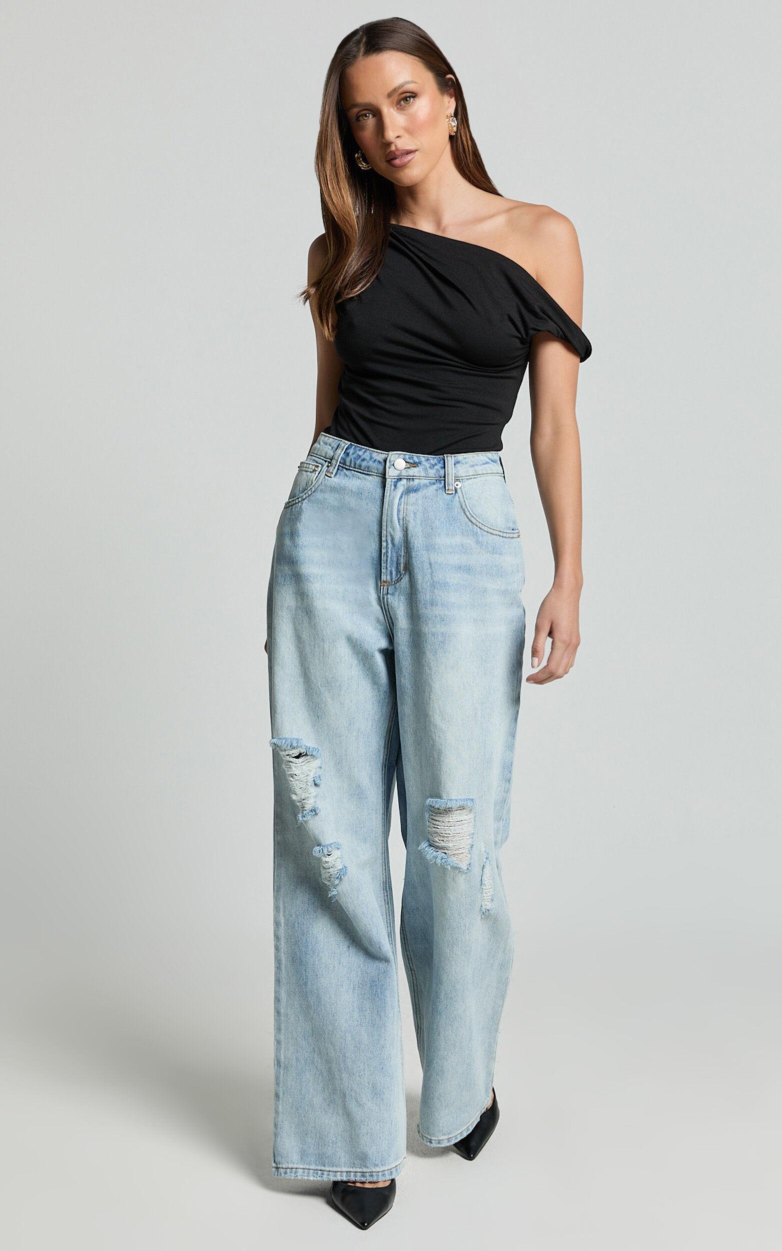 Cate Jeans - Baggy High Waist Ripped Wide Leg Recycled Denim Jeans in Light Blue Wash Product Image