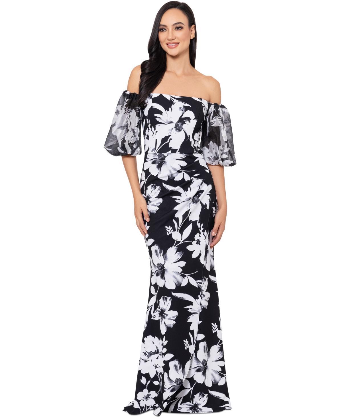 Xscape Womens Floral-Print Off-The-Shoulder Gown - Black Product Image