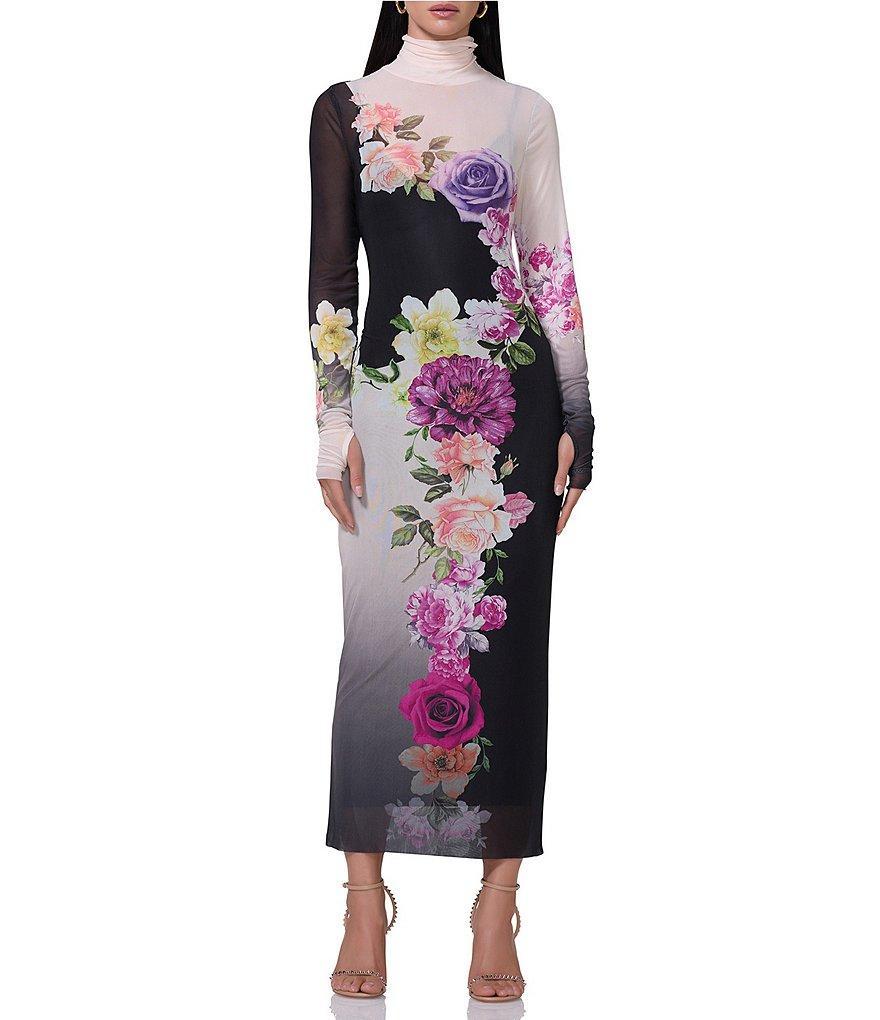 AFRM Shailene Printed Mesh Turtleneck Long Sleeve Midi Dress Product Image