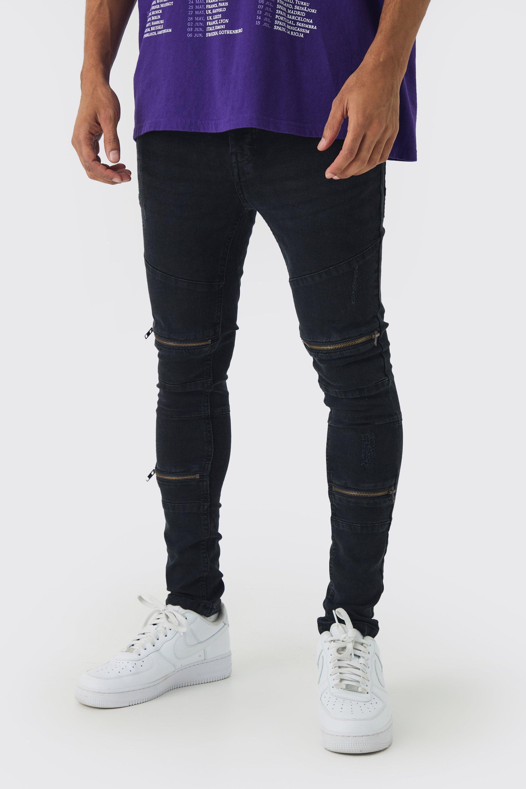 Super Skinny Biker Zip Detail Jeans | boohooMAN USA Product Image