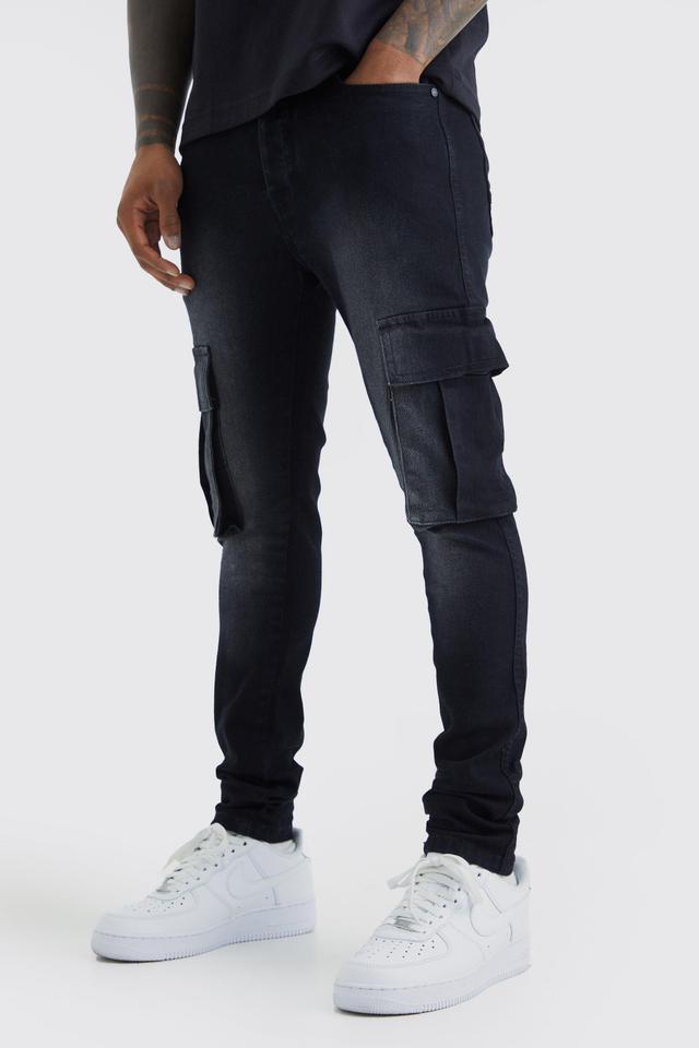 Mens Black Super Skinny Stretch Cargo Jeans, Black Product Image