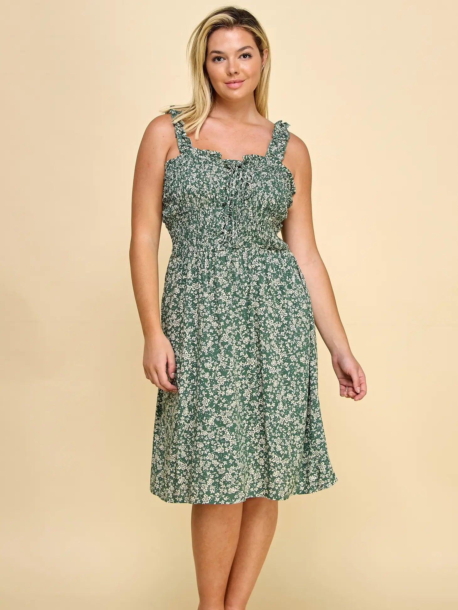 Green Floral Smock Detail Lace Up Detail Dress Female Product Image