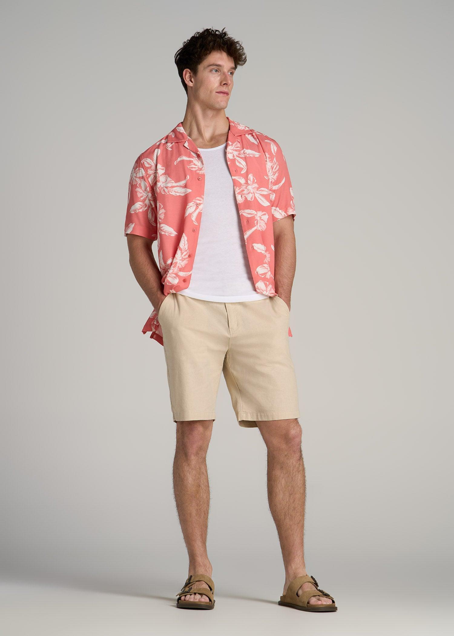 Short Sleeve Resort Shirt for Tall Men in Peach Hibiscus Male Product Image