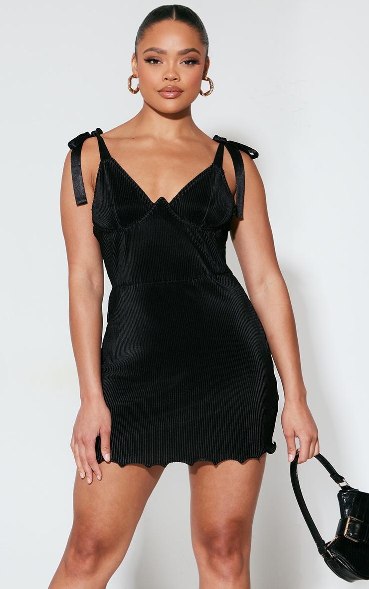 Black Plisse Cup Detail Tie Shoulder Shift Dress product image