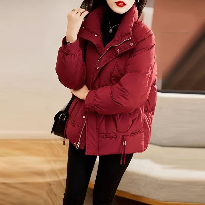 Stand Collar Plain Drawstring Zip Puffer Jacket Product Image