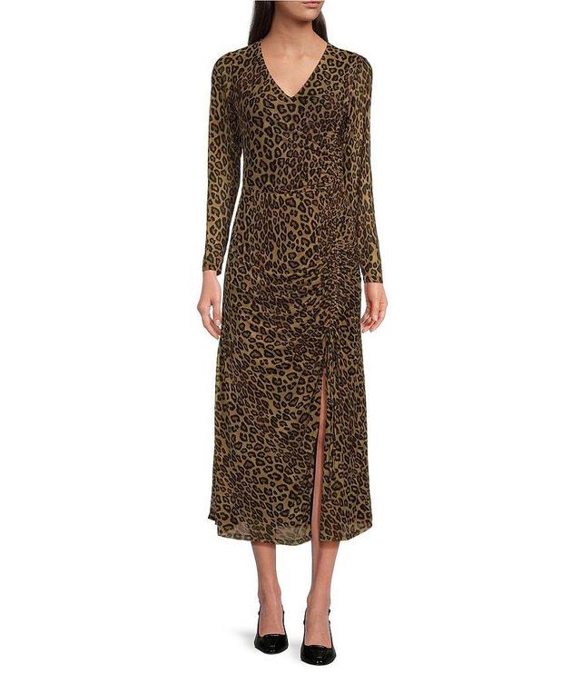 Taylor Leopard Mesh V-Neck Long Sheer Sleeve Gathered Side Midi Dress Product Image