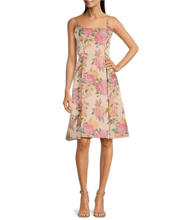 Adrianna Papell Floral Print Square Neck Jacquard A-Line Dress Product Image