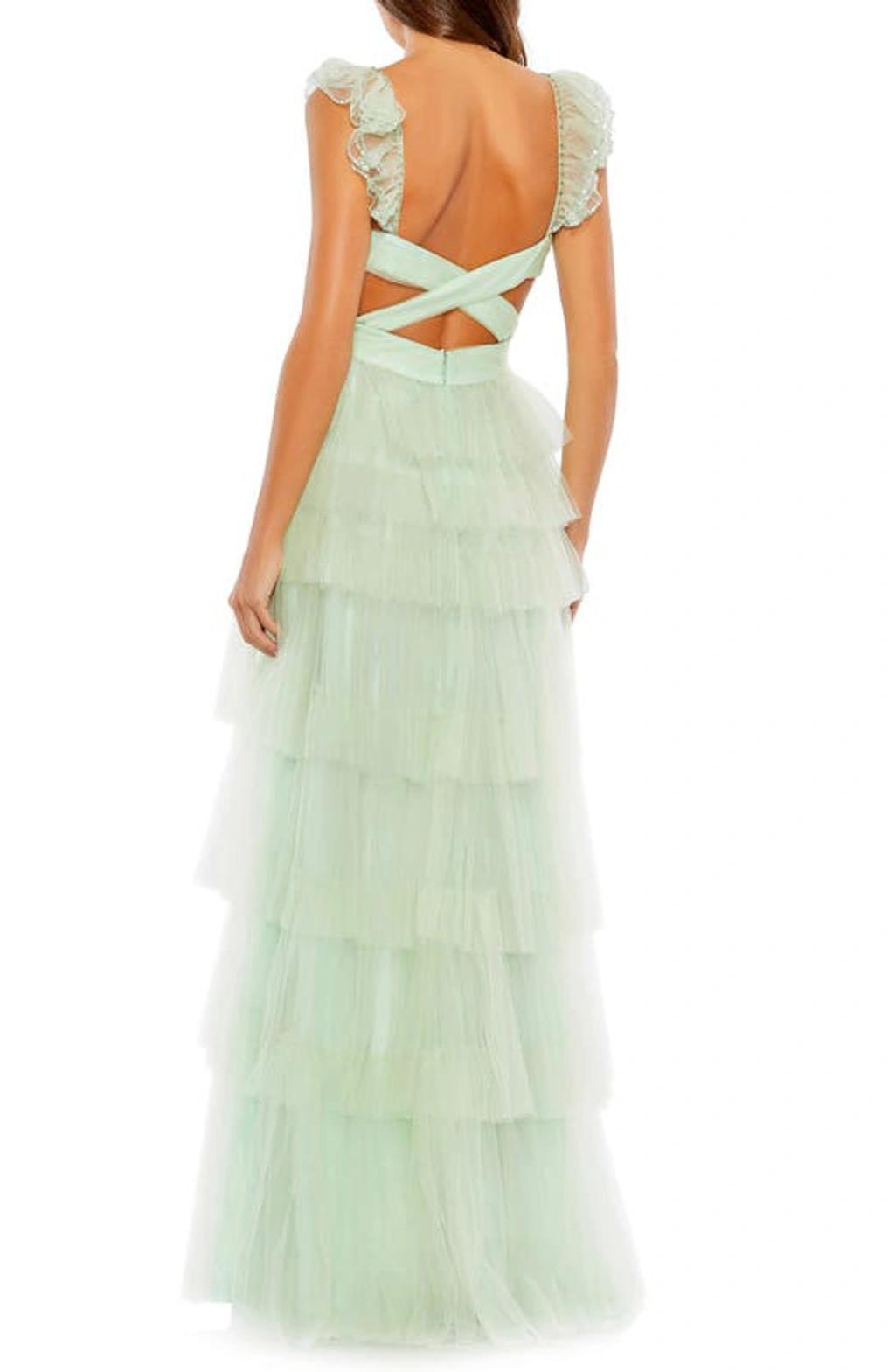 Ruffle Tiered Tulle Cut Out Gown In Mint Product Image