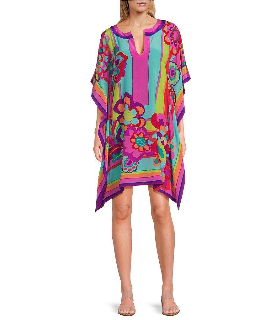 Trina Turk Theodora Silk Floral Print Split Round Neck Dolman Sleeve Caftan Dress Product Image