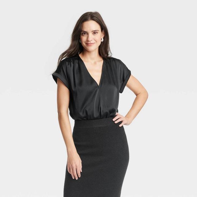 Womens Short Sleeve Woven Bodysuit - A New Day Black L Product Image