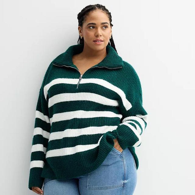 Plus Size Sonoma Goods For Life Quarter-Zip Tunic Sweater, Womens Green Ivory Stripe Product Image