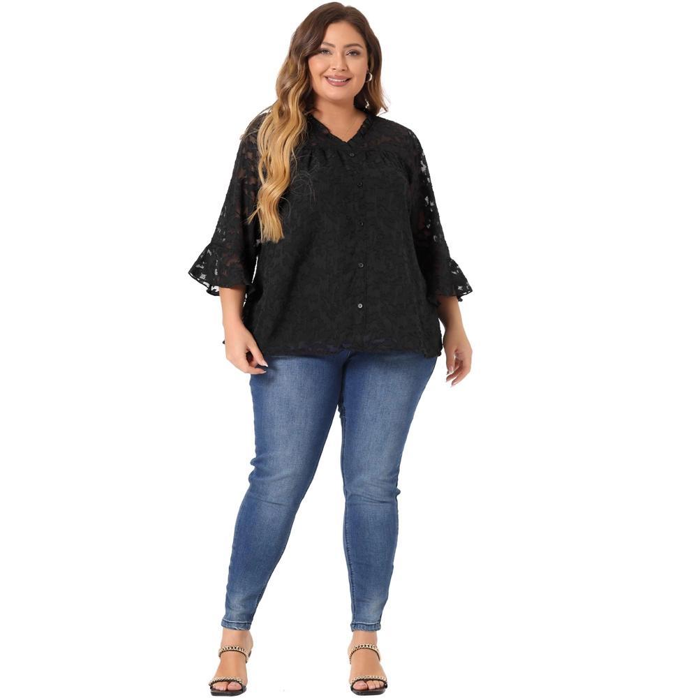 Agnes Orinda Women's Plus Size 3/4 Flare Sleeve V Neck Ruffle Lace Semi Sheer Button Down Shirts Black 4X Product Image