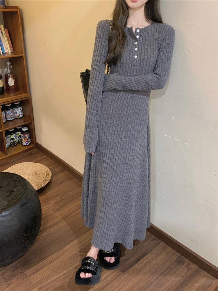 Long-Sleeve Henley Melange Ribbed Midi A-Line Knit Dress Product Image