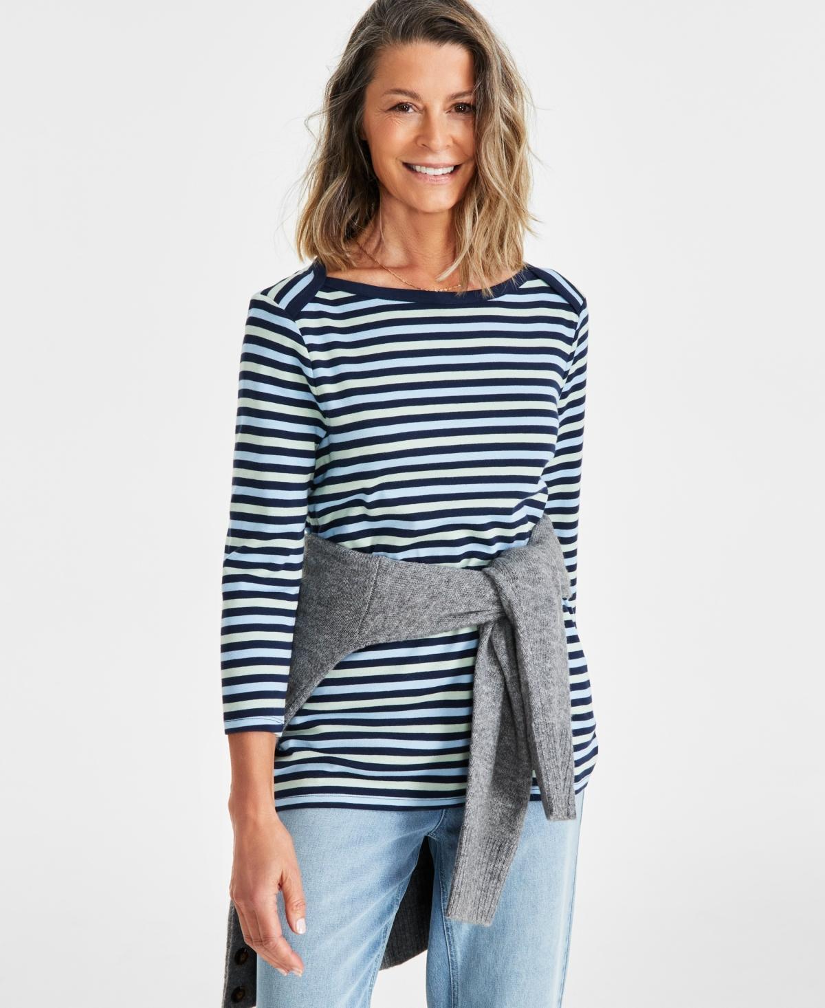 Style & Co Womens Pima Cotton Striped 3/4-Sleeve Top, Created for Macys Product Image