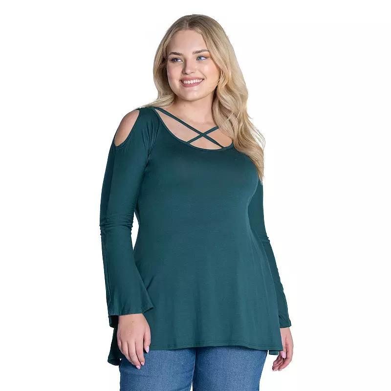 Plus Size 24Seven Comfort Apparel Long Sleeve Criss Cross Cold Shoulder Top, Womens Product Image