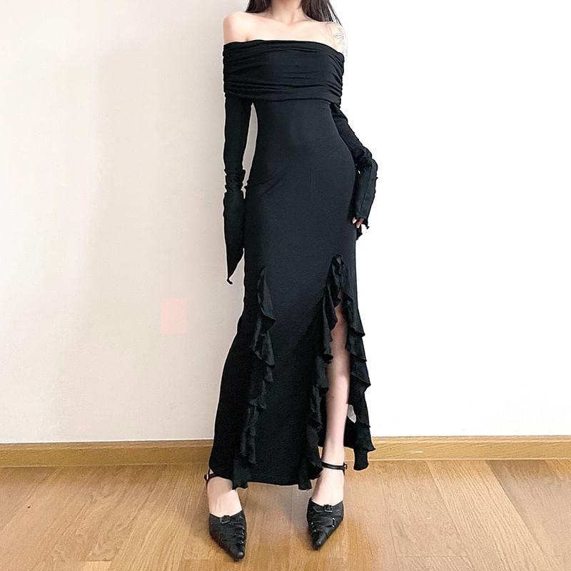 Long-Sleeve Off Shoulder Frill Trim Plain Maxi Sheath Dress Product Image