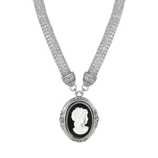 1928 Siver Tone Oval Cameo Pendant Necklace with Mesh Chain, Womens, Black Product Image