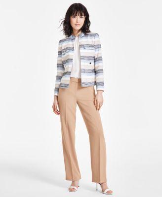 Anne Klein Womens Striped Tweed Collarless Jacket Pleat Front Sleeveless Top Straight Leg Trousers Product Image