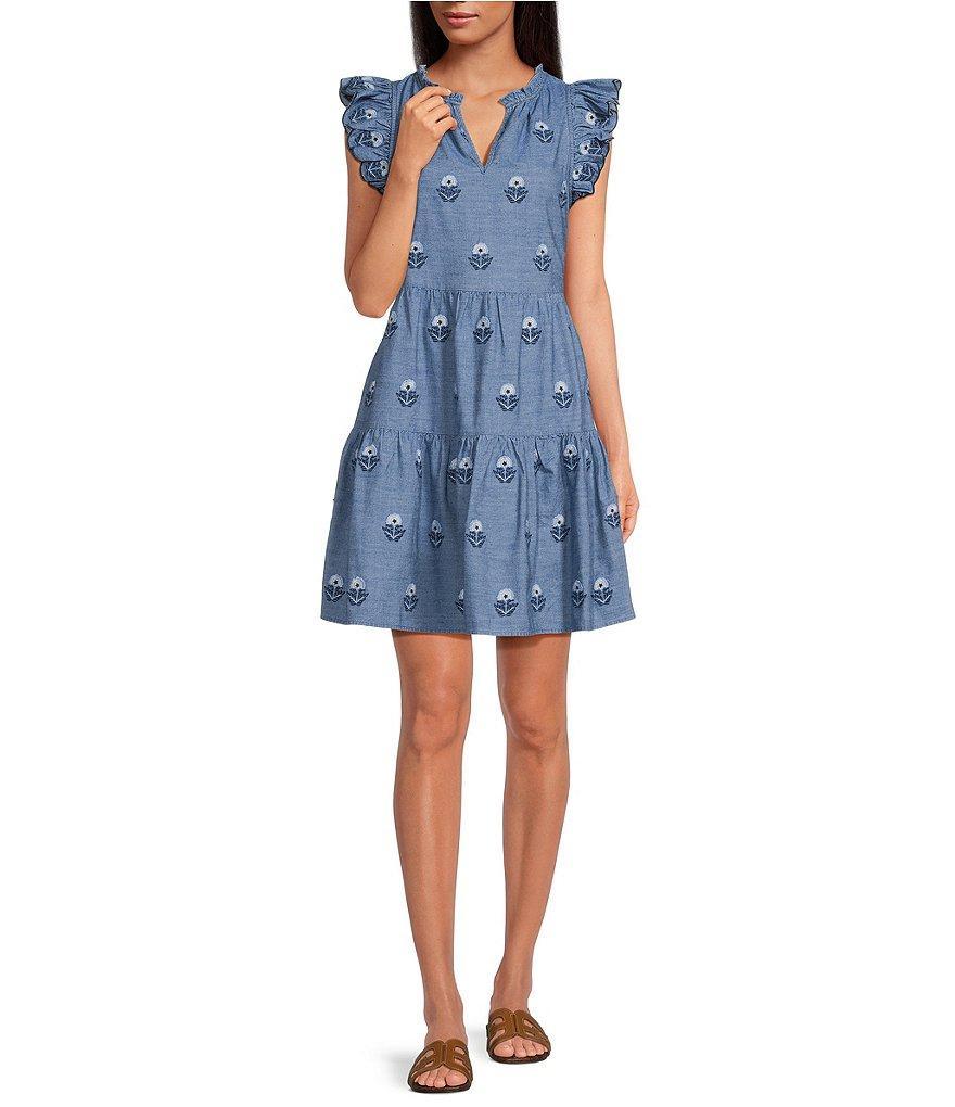 A Loves A Embroidered Floral Print Split V-Neck Ruffle Cap Sleeve Tiered Chambray Mini Dress Product Image